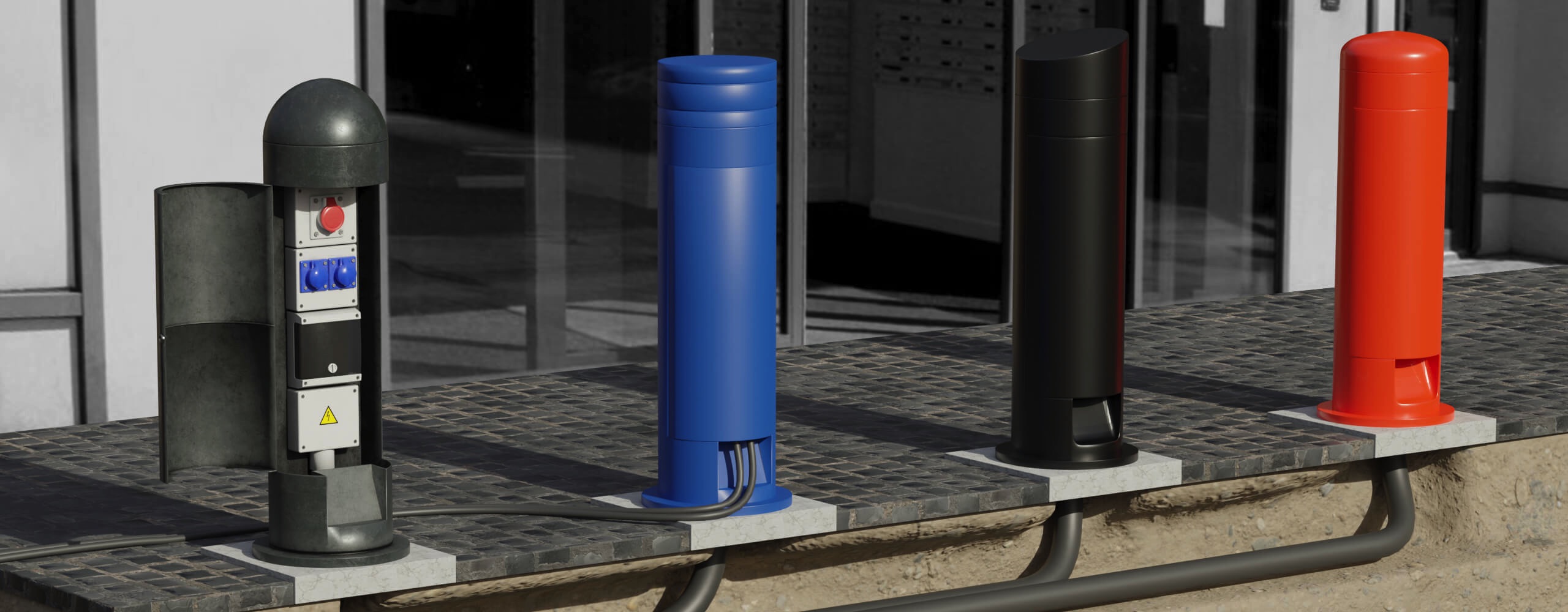 3D illustration showing four different types of power Bollard